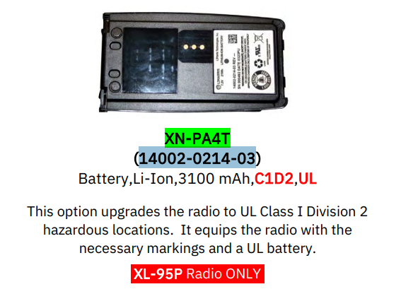 XN-PA4T, 3100mAh, Li-Ion, UL Class I Division 2 hazardous locations Battery for L3Harris XL-95P Portable Radios